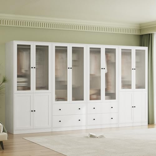 VOWNER Armoire 80 cm avec Portes en Verre Canelé, Armoire Penderie avec Barre de Suspension et Étagères, Armoire 4 Portes en Bois pour Chambre à Coucher, Blanc (AABB)