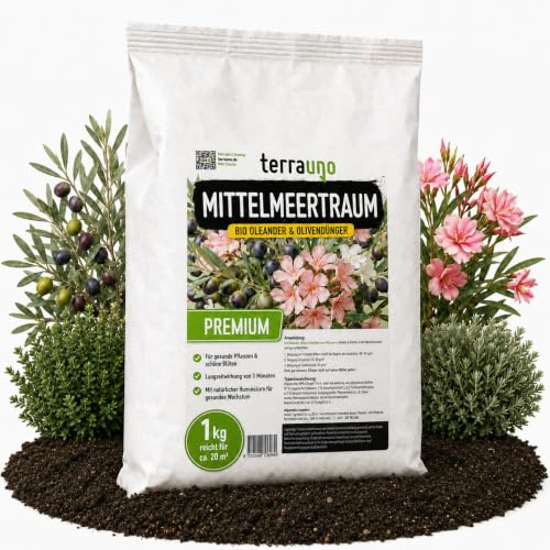 TerraUno Mittelmeertraum Olivenbaum & Oleander Dünger Bio 1 kg, für mediterrane Pflanzen, Zitrus & Palmen, Langzeitdünger mit Huminsäure, Organischer Volldünger Granulat