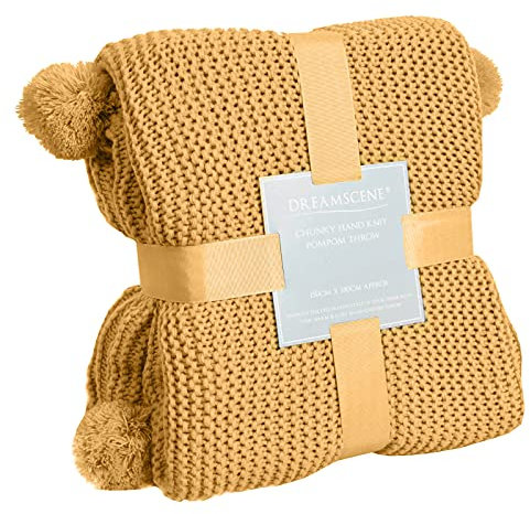 DREAMSCENE Chunky Knit Werfen Große gestrickte Starke warme Pom Pom Sofa Bett Decke - Senf-Gelb-Ocker, 150 x 180cm