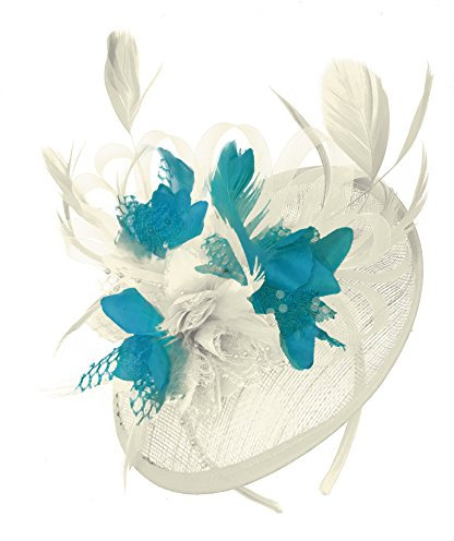 Caprilite Cream Ivory and Teal Turquoise Sinamay Disc Saucer Fascinator Hat for Women Weddings Headband