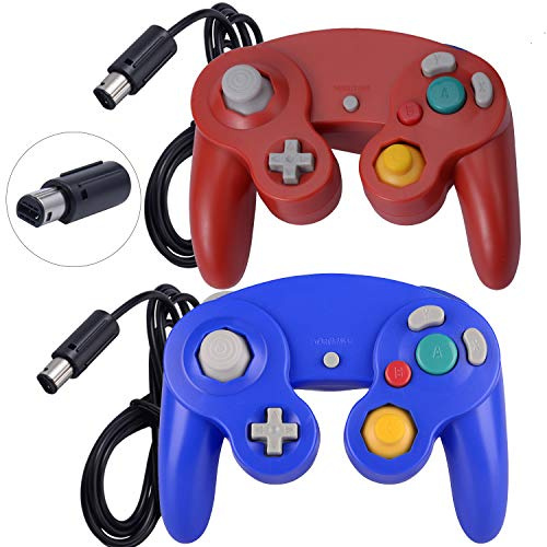 ONE250 Lot de 2 manettes filaires Classic Shock Joypad, compatibles avec Wii NGC Gamecube Game Cube (rouge et bleu)