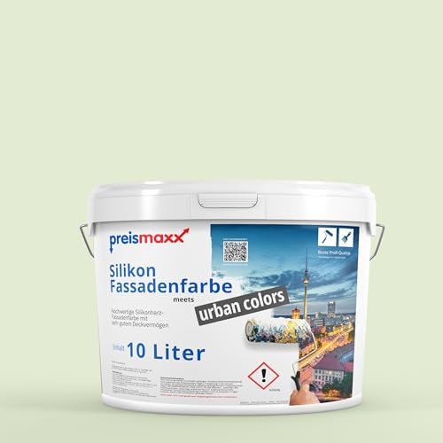 Preismaxx Silikonharz Fassadenfarbe, Weißgrün Grün 10L hochwertige, matte, wasserabweisende Aussen-Dispersion, sehr guter Regenschutz - Abperleffekt