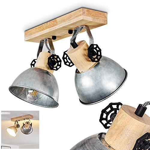 Deckenleuchte Orny, Deckenlampe aus Metall/Holz in Zink/Braun, 2-flammig, mit verstellbaren Strahlern, 2 x E27-Fassung, Spot im Retro/Vintage Design, ohne Leuchtmittel