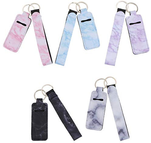 FRCOLOR 10 Pieces Travel Bottle Keychain Holders Set,Neoprene Wristlet Keychain Holder Marble Style Lipstick Holder Keychain for for School Travel Outdoor