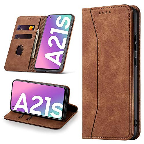 Leaisan Handyhülle für Samsung Galaxy A21S Hülle Premium Leder Flip Klappbare Stoßfeste Magnetische [Standfunktion] [Kartenfächern] Schutzhülle für Samsung Galaxy A21S Tasche - Braun