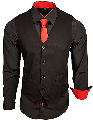 Baxboy Herren Hemd mit Weste Krawatte Anzugs Sakko Business Hochzeit Freizeit Hemden Frack Herrenweste Set wählbar B-44-HWKR, Farbe:Schwarz/Rot, Größe:L