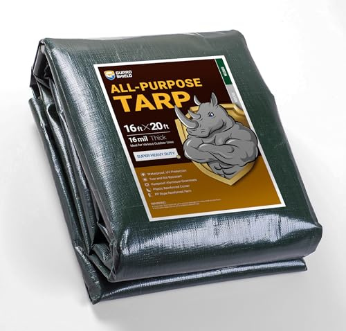 GUARD SHIELD Super Heavy Duty Green/Silver Poly Tarp Cover 16x20 Feet Waterproof 16mil Thick UV and Tear Resistant Tarpaulin with Grommets and Reinforced Edges