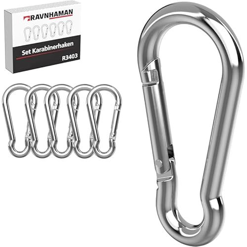 RAVN HAMAN 6er Set Karabiner-Haken 4 x 40 mm - Karabiner mit Schnappverschluss bis 40 kg - Karabinerhaken für Schlüsselanhänger, Rucksäcke, hängende Deko, etc. - Haken aus verzinktem Stahl