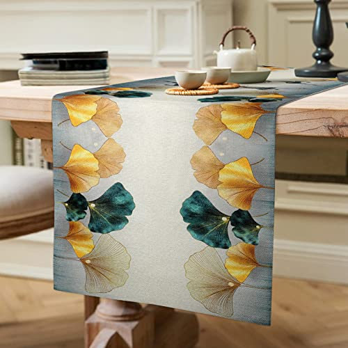 Tischläufer Gold Tischdecke Blau Grün Tischsets Modern Wohnzimmer Tischwäsche Leinen Petrol Gelb Ginkgo Matte Küche Tischläufer für Picknick Hochzeit Herbst Winter Esstisch Dekor 40x140cm