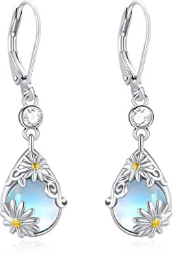 Mondstein Gänseblümchen Ohrringe - Sterling Silber 925 Leverback Tropfen Schmuck - Geschenke für Damen und Mädchen