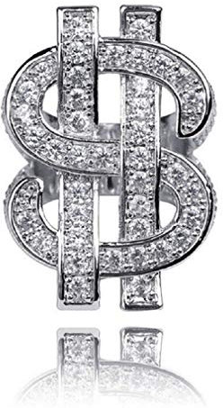 Kristall-Dollarzeichen-Ring für Männer,Iced Out Zirkonia US-Dollar-Ring, Hip-Hop-Dollar-Symbol-Ring, Punk Rock Ring für Rapper, Dollar Geld Amulett Ring, Dollar Andenken Schmuck (18.9, Silber)