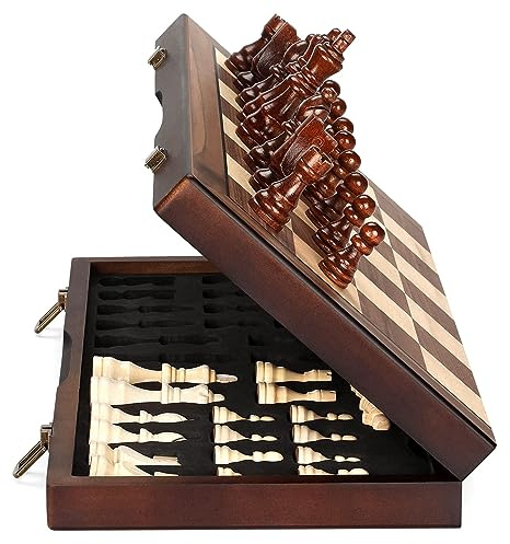 Magnetic Wooden Chess Set for Adults Kids 15'' Chess Board with Handmade Pieces, Folding Portable Travel Unique Chess Sets Game for Tournament Professional Beginner