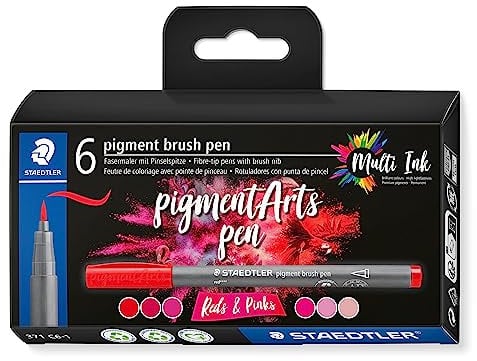 STAEDTLER brush pen pigment Arts, reds & pinks, pigmentierte Premium-Zeichentusche, Pinselspitze für variable Linienbreite, wasserfest, 6 brush pens in sortierten Farben im Kartonetui, 371 C6-1