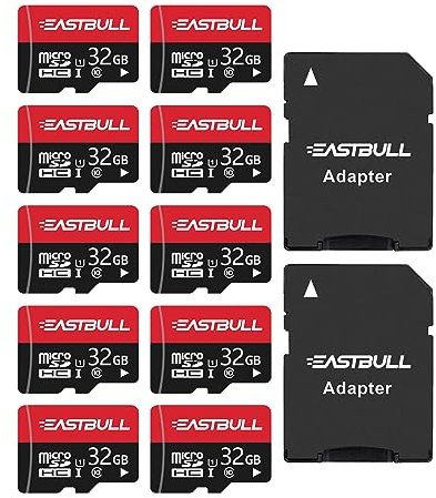 32GB 10-Pack of Micro SD Cards, EASTBULL SD Memory Cards 32GB SD Cards Pack Full HD Video 90MB/s UHS-I U1 Micro SDHC Class 10 for Surveillance Security Cam (10 Units and 2 Adapters)