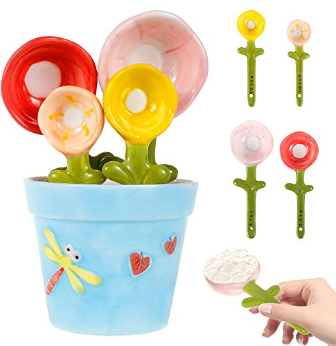 DRBIT 4Pcs Flower Measuring Spoons Set in Pot Cute Ceramic Measuring Spoons with Base Decorative Flower Pot Measuring Spoons and Cup Set Measuring Spoons with Capacity for Milk Powder Sugar Salt