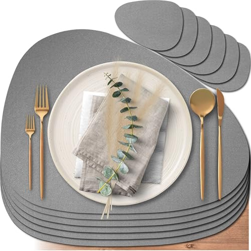 Mahewa® 6er Set Premium Tischset aus Kunstleder - Platzset abwaschbar und wasserdicht - Platzdeckchen Telleruntersetzer in Lederoptik (Silber/Hellgrau, Oval)