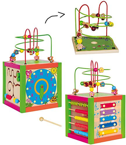 alles-meine.de GmbH XL Motorikschleife + Spielwürfel aus Holz - Lernuhr + Zählrahmen + Schiebespiel + Xylophon + Schleife - Motorikwürfel/Tier Holzfigur zum Schieben/Ziehen -..