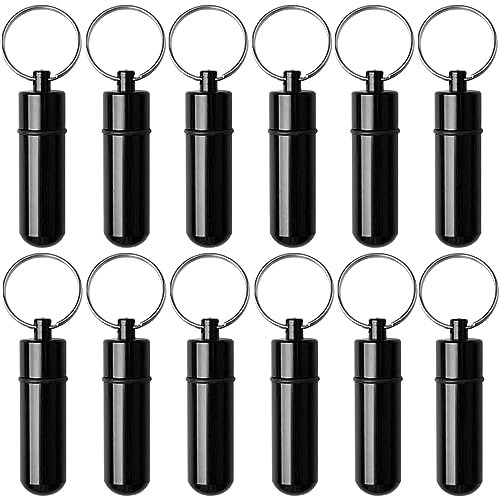 12 Stücke Pillendose Schlüsselanhänger, Basicon Mini Aluminium Pillenbox Schlüsselanhänger Wasserdichte Pillendose Kleine Tablettendose Tablettenbox für Unterwegs, Schwarz