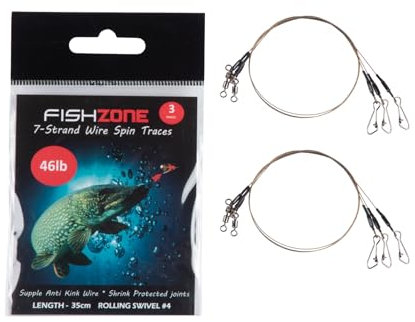 FISHZONE - 6 (2 packs of 3) 7-Strand 35cm Steel Wire Spin Traces with Rolling Swivel - 18lb 24lb 34lb 46lb - For Making Predatory Fishing Rigs (18lb - Length 35cm - #4 Swivel)