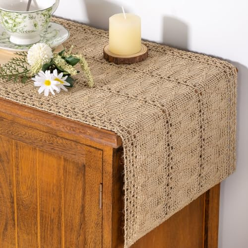 Socomi Boho Table Runner Summer Farmhouse Burlap Jute Bamboo Rustic Dining Kitchen Centerpiece Decor Small Macrame Woven Coffee Table Runner for Dresser Scarf Home Decor 12x72 inch