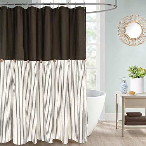 DOSLY IDÉES Farmhouse Duschvorhang, gestreift, Knopfvorhang, Leinen und Baumwolle, rustikaler Charm, Landhausstil, 183 x 183 cm, Beige und Braun