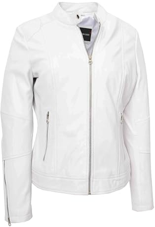 A1 FASHION GOODS Naomi Bikerjacke aus echtem Leder für Damen, mit Reißverschluss, weiß, 46