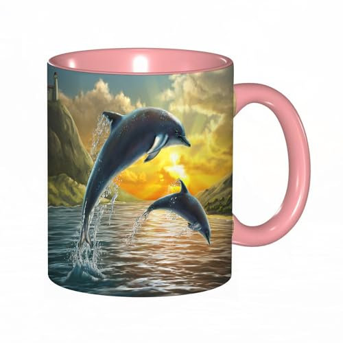 Tazze da caffè divertenti Due delfini che saltano fuori dal mare durante uno splendido tramonto. Pittura digi Tazza da tè divertente per le donne - Tazza da caffè unica - Regalo di compleanno del tè