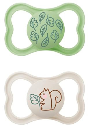 MAM Supreme - Ciuccio in set da 2 pezzi, per uno sviluppo sano dei denti e della mascella, previene le irritazioni della pelle, con scatola per ciuccio, 16+ mesi, foglie/Eichhorn