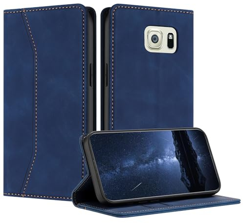 Mo-Beauty Hülle Kompatibel mit Samsung Galaxy S6, Handyhülle Samsung S6, Galaxy S6 Hülle, PU Leder Flip Wallet Klappbare Schutzhülle Magnet Ledertasche Klapphülle für Samsung Galaxy S6(Blau)