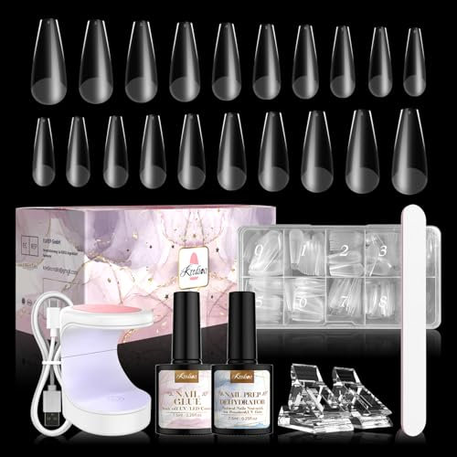 Kredioo Kit Completo de Uñas Postizas - 500pcs Soft Gel Tips, Pegamento, Lámpara UV, 4 en 1 Gel Adhesivo - Para Manicura Acrílica y Polygel