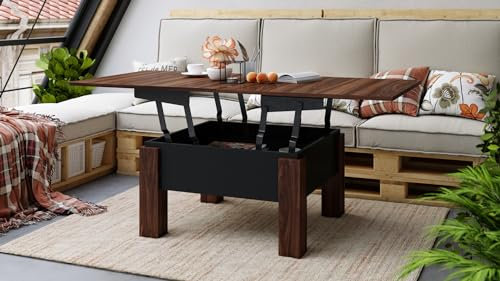 designimpex Design Couchtisch Tisch Oslo höhenverstellbar 49 / 76cm aufklappbar 80 / 160cm Esstisch, Farbe:Nussbaum/Schwarz matt
