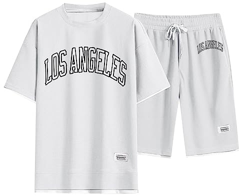 Männer Leicht Freizeitanzug Kurze Hose Bequeme Baggy Anzüge Sommer Kurzärmelig Freizeit Sportanzug T-Shirt Shorts Bedruck Komfort Herren Lässig 2-Teilig Kurz Lockere Hausanzug Im Haus (White, M)