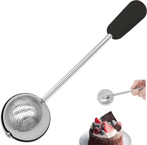 Baker’S Dusting Wand for Sugar Flour and Spices Stainless Steel Flour Spoon Sugar Powder Spoon Round Sphere Compact Stainless Steel Mesh Double Sided Spring Action for Baking (Black)