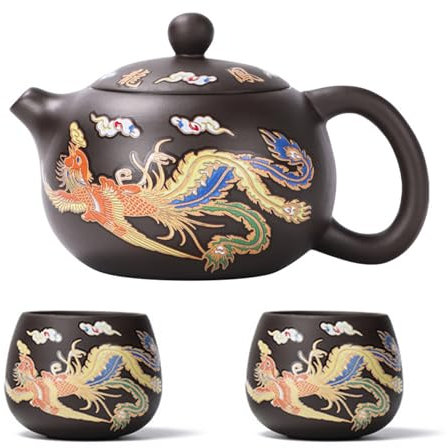 Violettes Ton-Teekannen-Set, Drachen, Phönixs, farbwechselnd, handgefertigt, violetter Ton, Teekanne, Tee-Set, einfache Reinigung, Gongfu-Teekanne, Geschenk für Teeliebhaber, Anzug 2