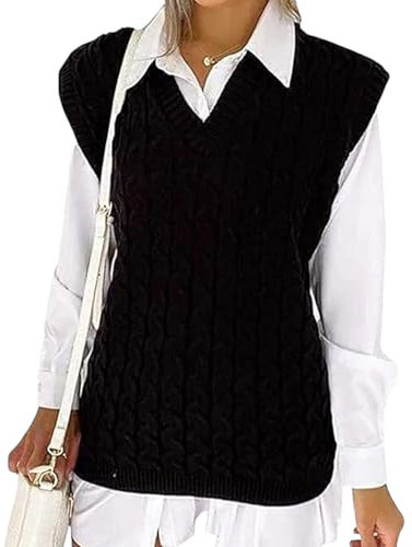 Sleeveless Jumpers for Women Plain Ladies Chunky Knit Vest Womens Knitted Winter V Neck Tank Top Cable Sweaters Pull Over Soft Casual Outwear Sleeveless Jumper Plus Size UK (Black, 16-18)