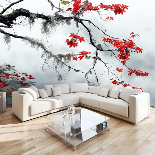 Fototapete China Nebliges Tal Ahornblätter 400x280 cm Tapete 3D Vlies Wanddeko Wallpaper Wandtapete Dekoration Study Zimmer Wohnzimmer Restaurant Cafe