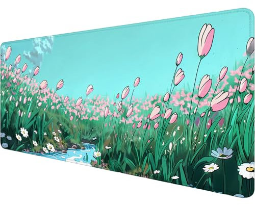 Anime Floral Gaming Desk Pad - Extended Cute Sage Green Plant Mouse Pad Mat with Stitched Edge Non-Slip Base - 31.5x11.8