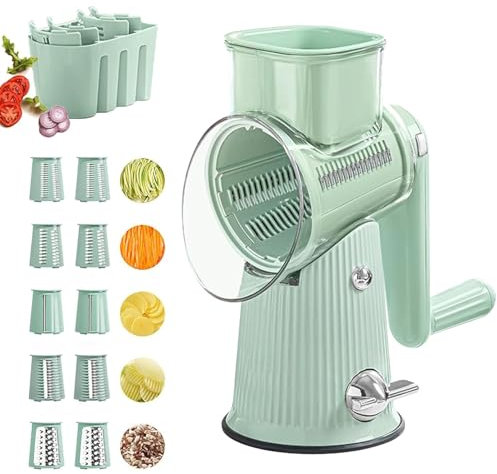 Rallador 5 en 1 con humedad, el mejor rallador de queso rotatorio manual de 2024 con mango, cortador de queso y verduras, con 5 grupos de cuchillas de acero inoxidable intercambiables (Green)