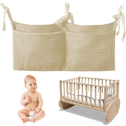 KOLZEMV Babybett Organizer, Kinderzimmer Hängender Bett Organizer mit 2 Taschen, Organizer Beistellbett Baby, Betttasche Spielzeugtasche, Aufbewahrungstaschen für Betten für Windeln Kleidung Spielzeug