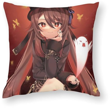 Hu Tao Genshin Impact Videospiel-Kissenbezug, dekorativer Kissenbezug, 45 x 45 cm, quadratischer Kissenbezug für Wohnzimmer, Schlafzimmer, Sofa, Autos
