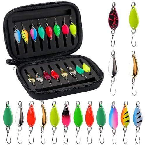 ZDNT 16 Stück Forellen Spoon Set,Kunstköder Spinner Blinker Set Forellenköder Spoons Set 2.5g/3.5g/5g Angelzubehör mit Aufbewahrungsbox Mehrfarbige Forellenköder für Forelle Barsch Hecht Zander