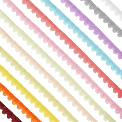 GLOBLELAND 12 Farben 55m Mini Pom Pom Fransen Zackenlitzen Besatz Für Vorhänge Teppiche Spitzen Kleidung Kissen Dekoration Pom Pom Ball Fransenbesatz DIY Bastel Näh Quasten Dekoration