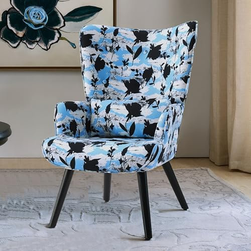 HomeMiYN Sessel Ohrensessel mit Kissen und Fußhocker Wohnzimmer Einzelsofa Abstrakte Blues Blumen