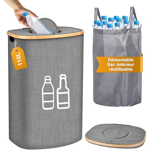 IEEILULU Poubelle Recyclage avec Couvercle, 110L Collecteur de Bouteilles Consignées, Poubelle tri Selectif avec Sacs de Transport, Rangement Bouteille Cuisine, pour Plastique Verre (Gris, 110L)