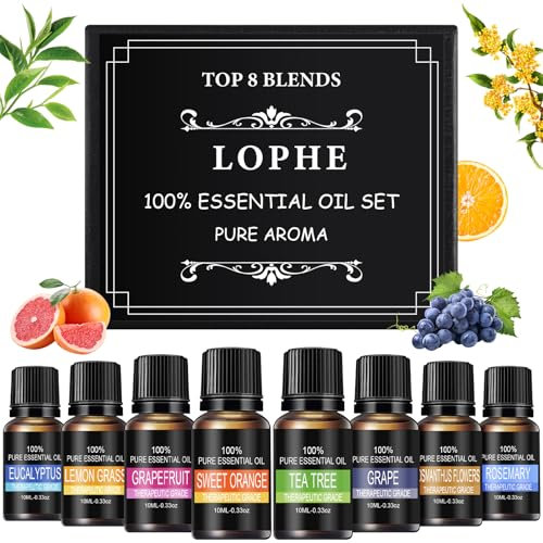 LOPHE Ätherische Öle Set 8 x 10 ml, Ätherische Öle Set für Diffuser, Reines Natürliche Duftöle Set für Seife, Kerzen, SPA