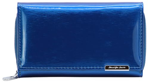 Jennifer Jones - Große Echt-Leder Damen Geldbörse - RFID-Schutz | Modisches Lack-Leder - viele Fächer, Druckknopf, Reißverschluss - Blau