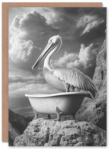 Artery8 Personalised Pelican Bird in Bathtub Black White Cliff Surreal For Him Or Her Art Birthday Card