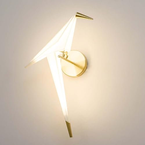 AoLa LED Papier Kran Wandleuchte Moderne Swing Vogel Wandlampe lnnen Gold 3000K Warmweiß Wand Deko Lampe Nachttischlampe aus Metall und Acryl Nachtlicht für Schlafzimmer Wohnzimmer Büro