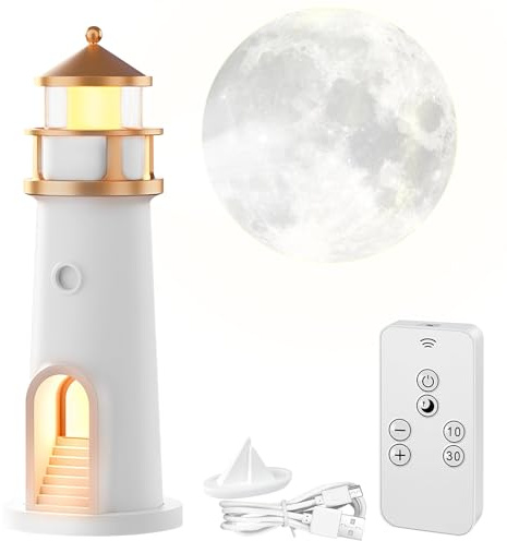 WIYETY Leuchtturm Deko mit Licht: Led Lighthouse Lampe mit Fernbedienung, Lichthaus mit LED Licht Mondprojektion für Weihnachten Geburtstag Geschenk
