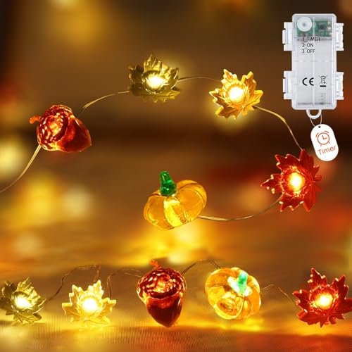Afaiup Fall String Lights, 20 LED Pumpkin Acorn Maple Leaf Garland with Timer, Fairy Light Battery Powered Waterproof Autumn Decor for Indoor/Outdoor Thanksgiving Halloween Christmas